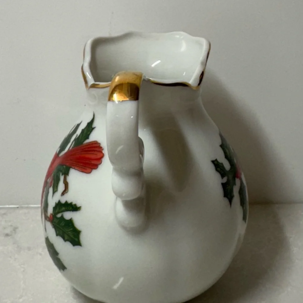 Vintage Lefton White and Gold Porcelain Creamer with Cardinal Christmas